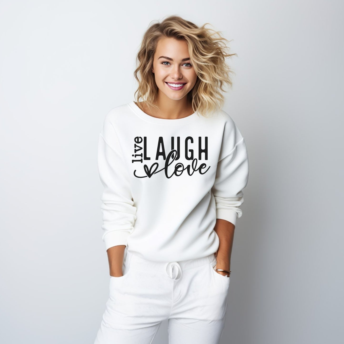 Organinės medvilnės unisex megztukas: Laugh, love, live