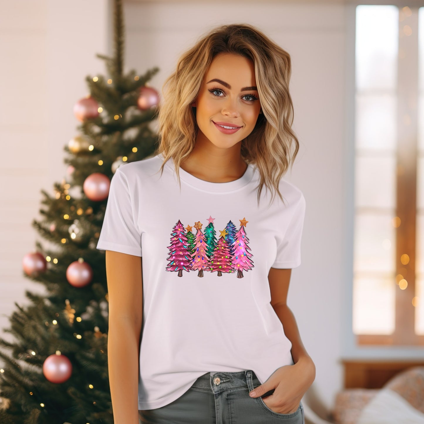 Organic cotton unisex t-shirt: Pink Christmas trees