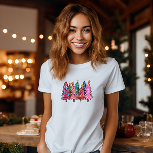 Organic cotton unisex t-shirt: Pink Christmas trees