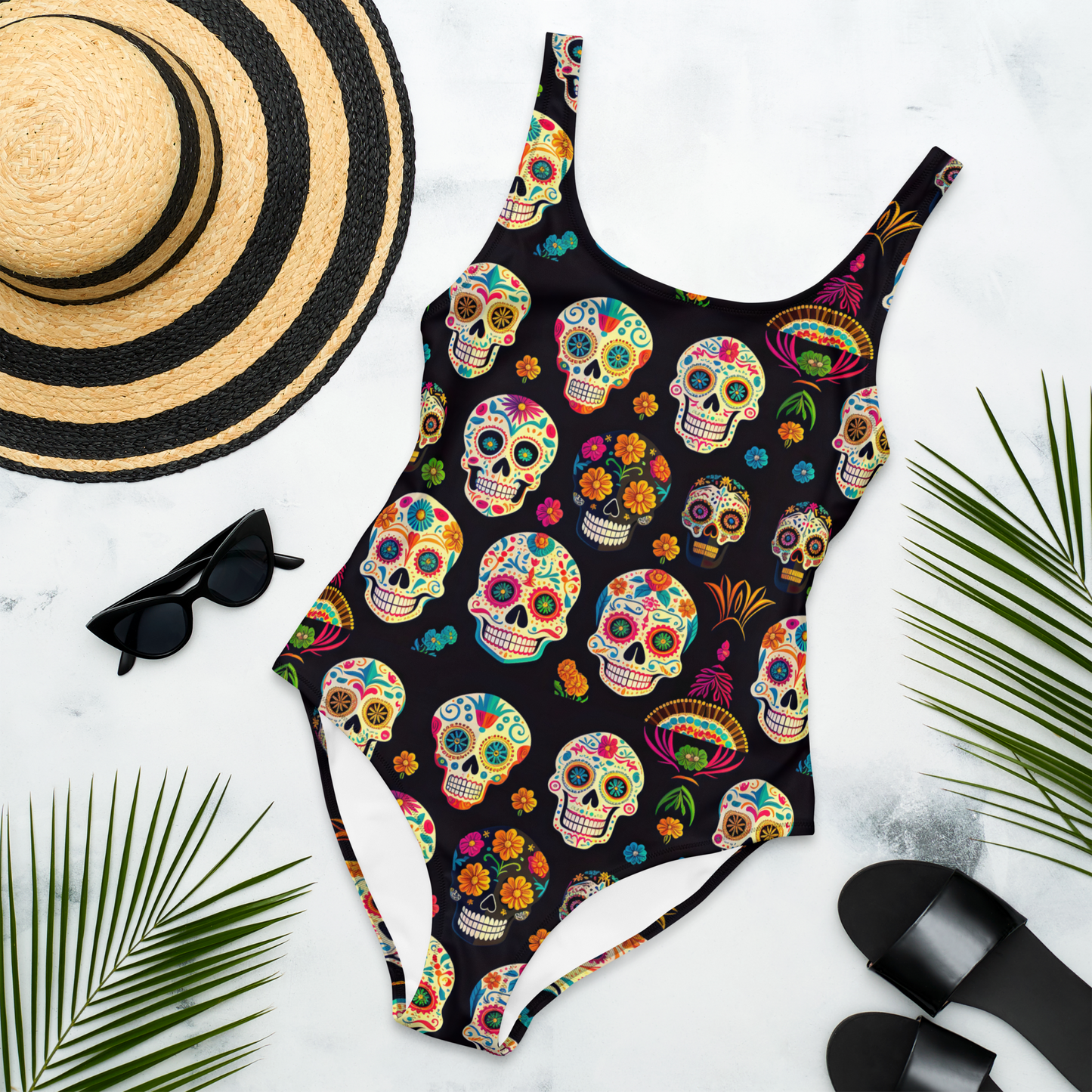 One piece swimsuit, skull pattern, black background