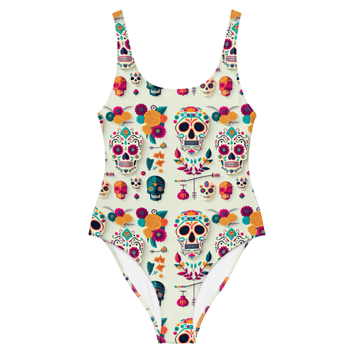 One piece swimsuit, skull print, cream background