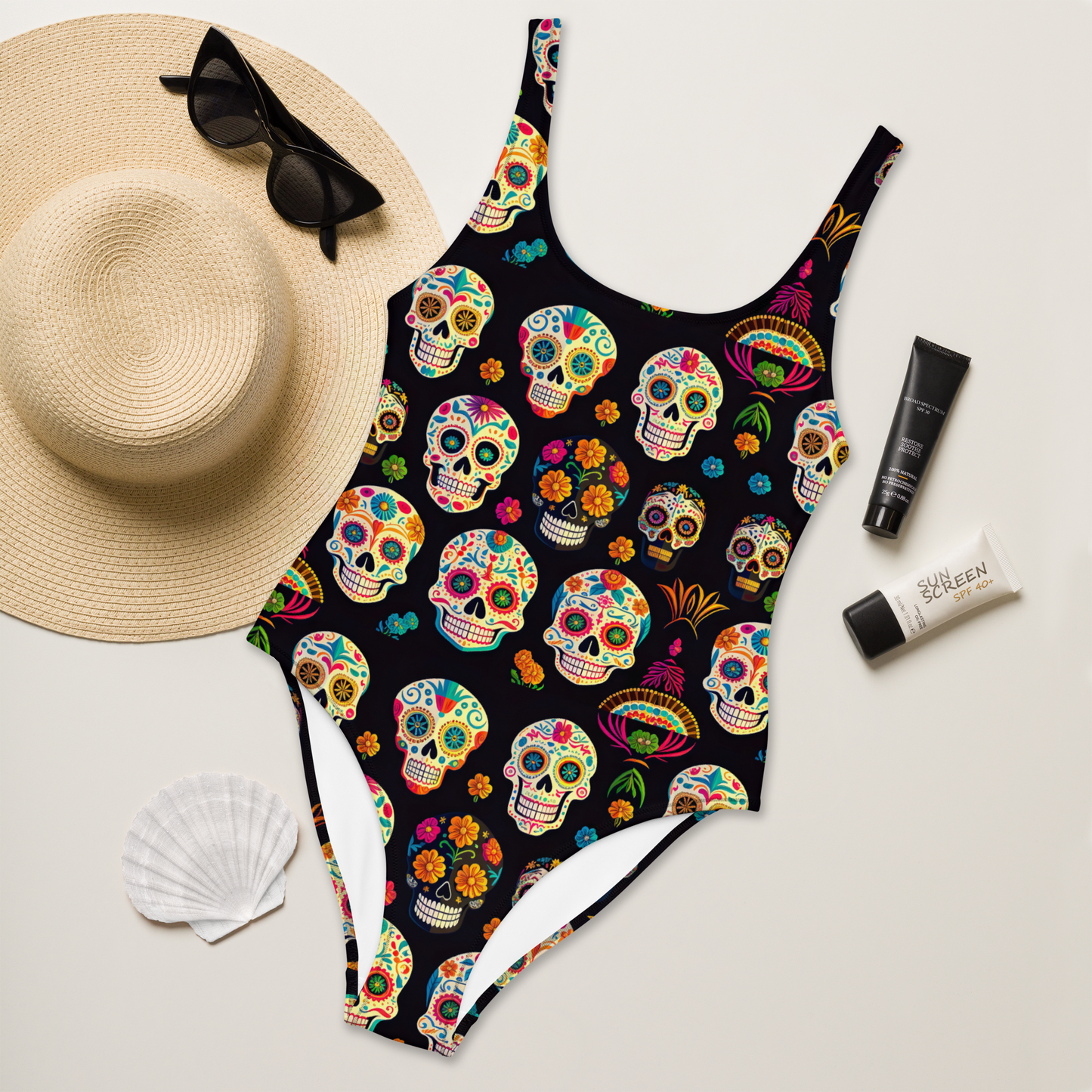 One piece swimsuit, skull pattern, black background