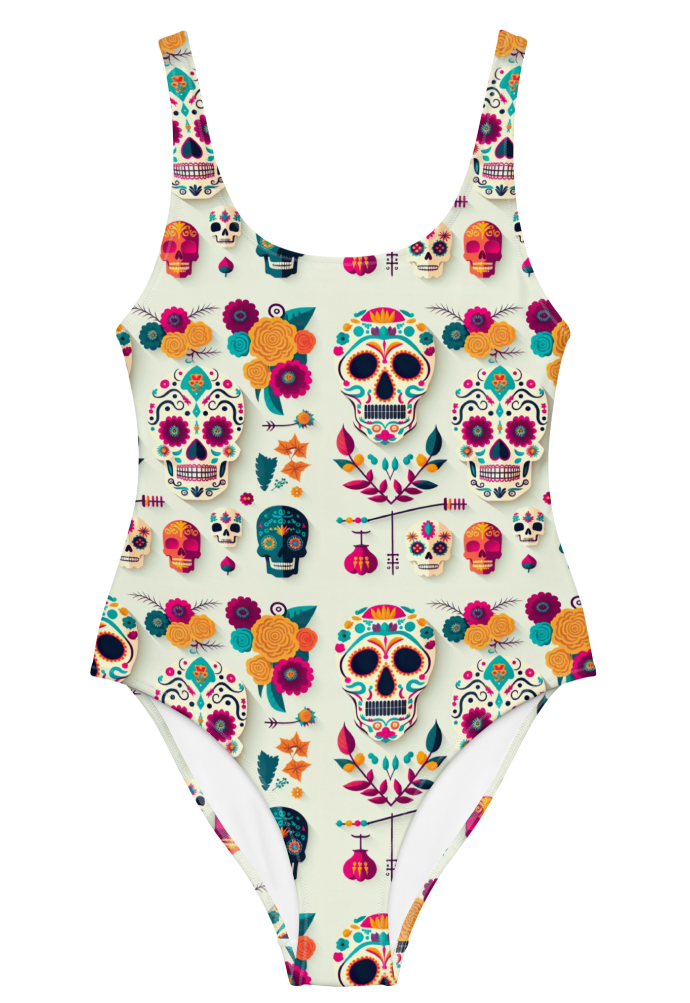 One piece swimsuit, skull print, cream background