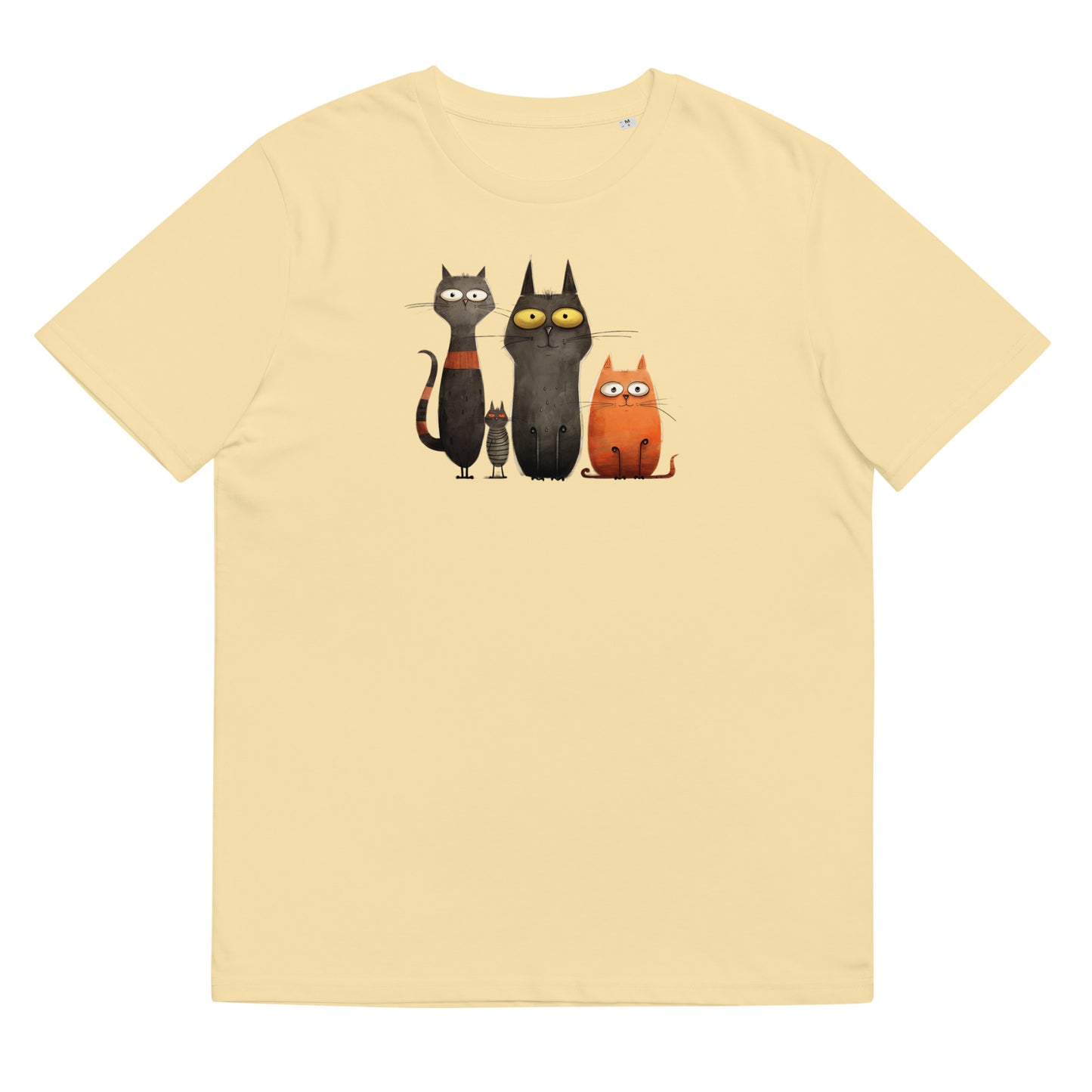 Organinės medvilnės unisex marškinėliai: keturi spoksantys katinai