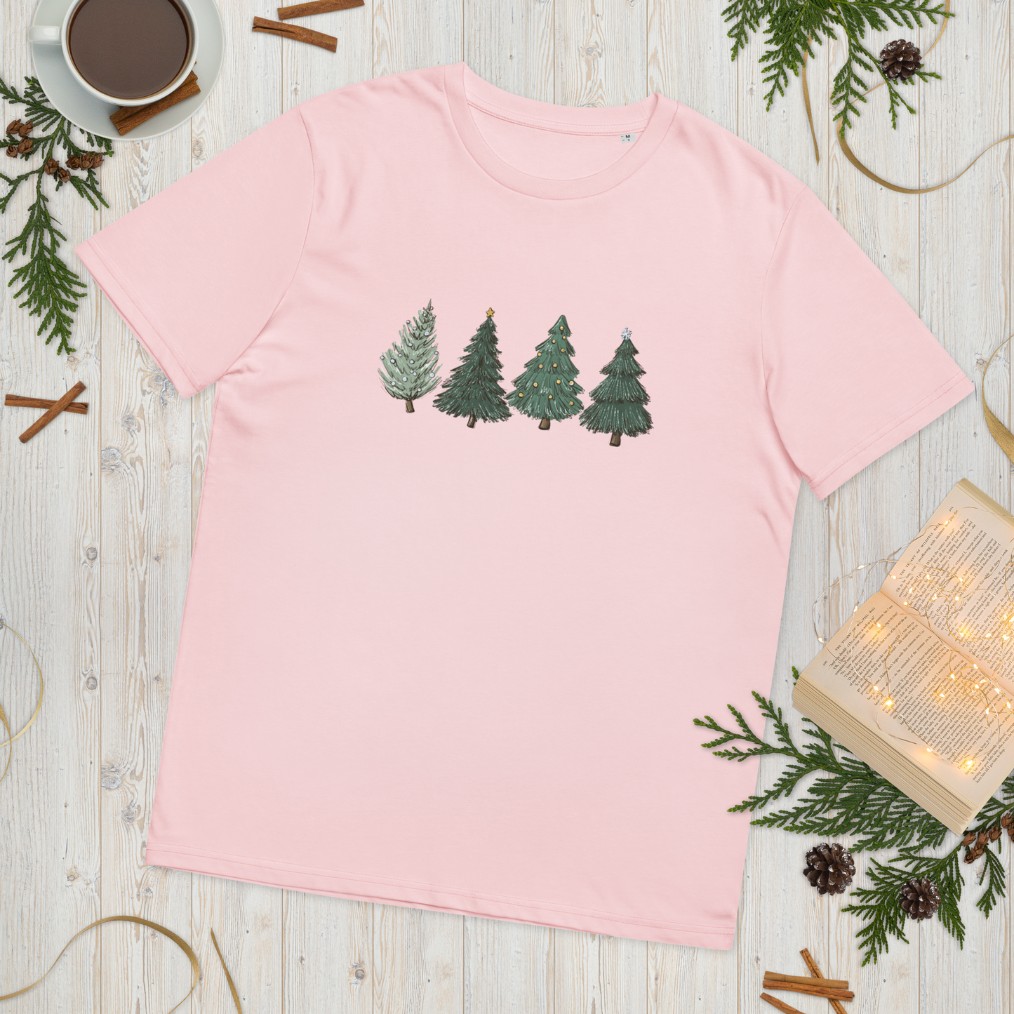 Organic cotton unisex t-shirt: Four green Christmas trees