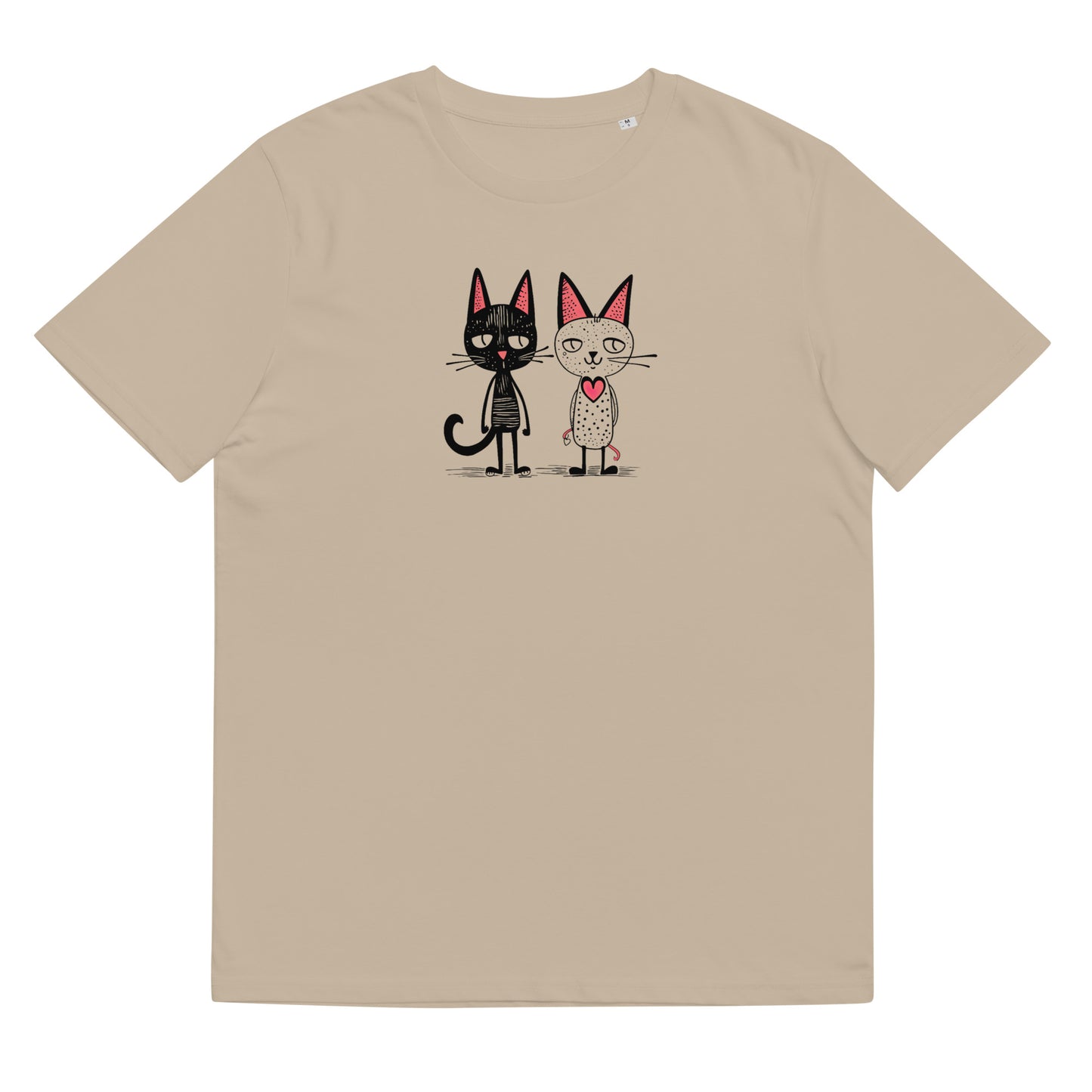Organinės medvilnės unisex marškinėliai: du katinai, viena širdelė