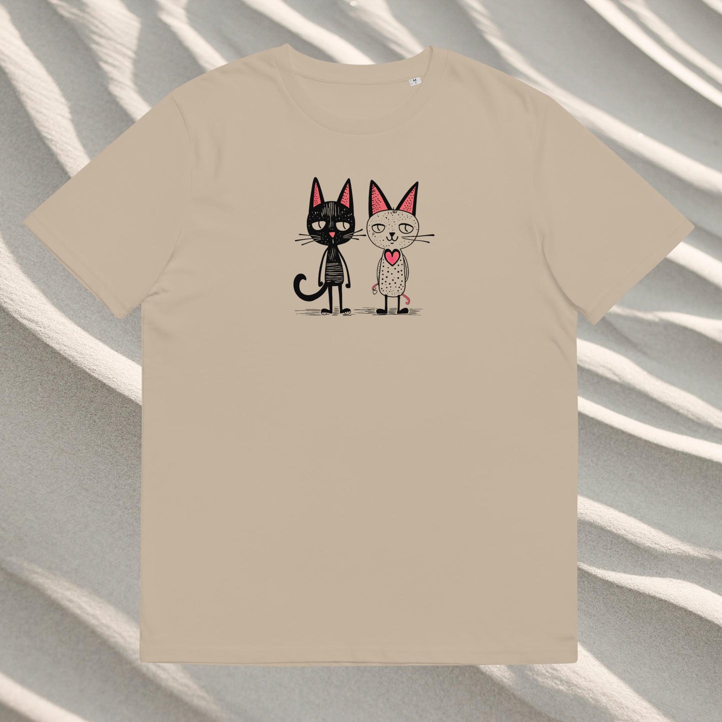 Organinės medvilnės unisex marškinėliai: du katinai, viena širdelė