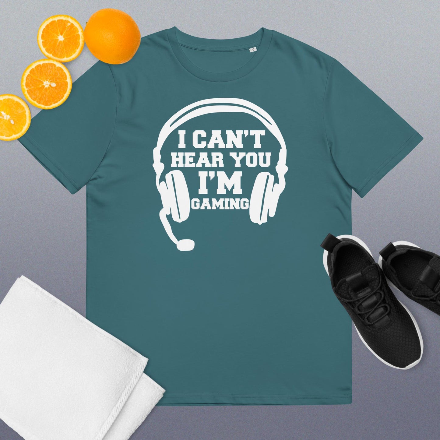 Organinės medvilnės unisex marškinėliai:  "I can't hear you, i'm gaming", dark