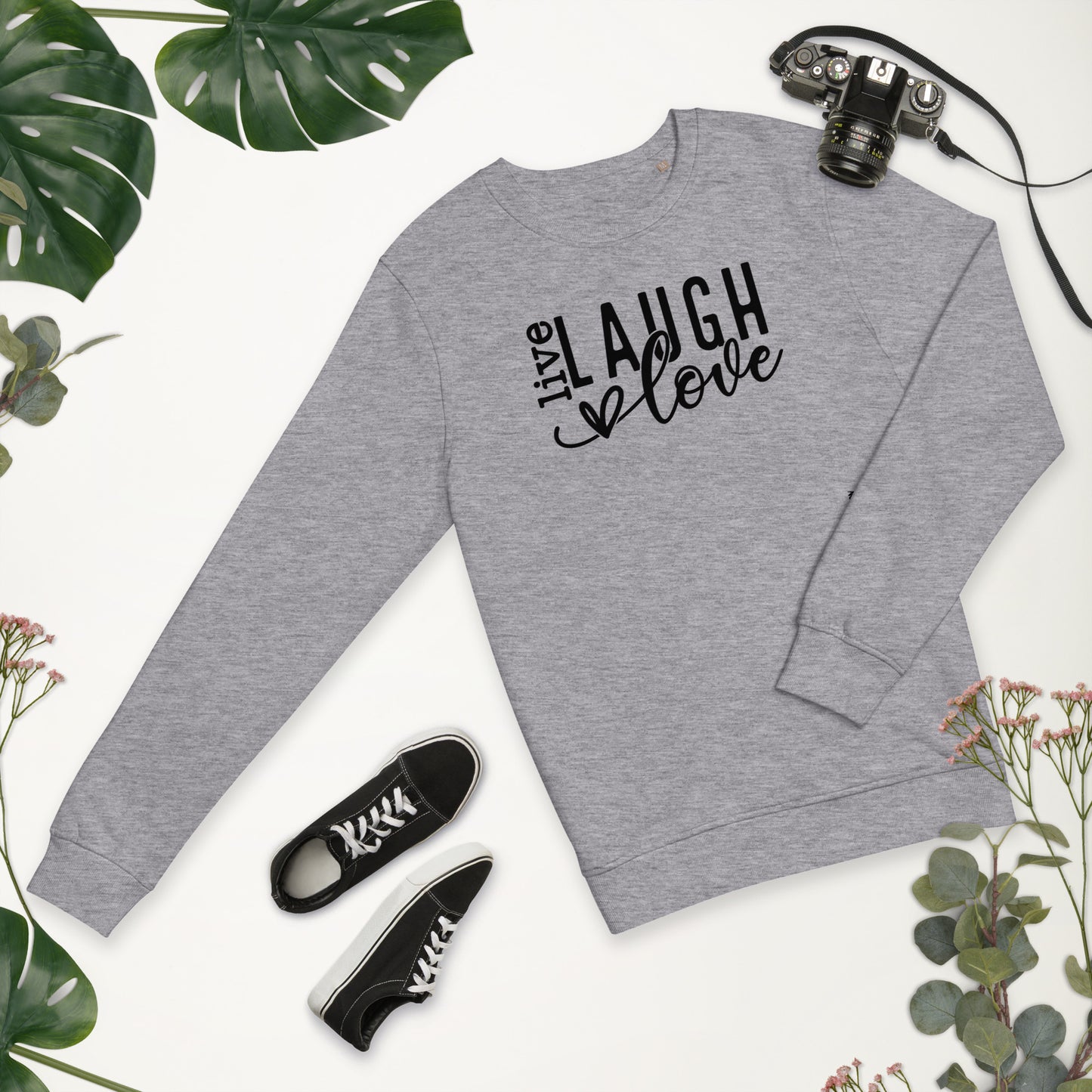 Organinės medvilnės unisex megztukas: Laugh, love, live