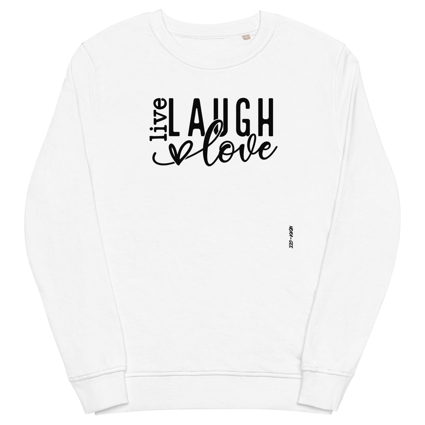 Organinės medvilnės unisex megztukas: Laugh, love, live