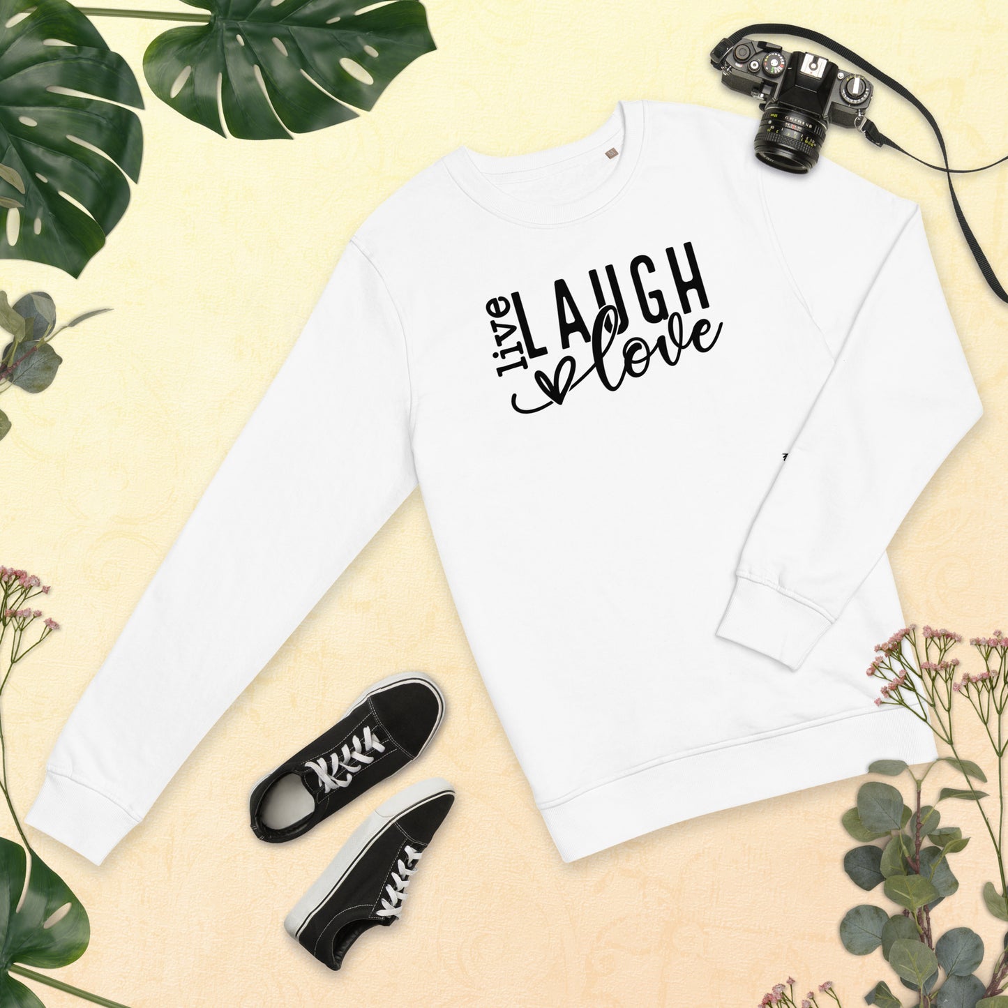 Organinės medvilnės unisex megztukas: Laugh, love, live