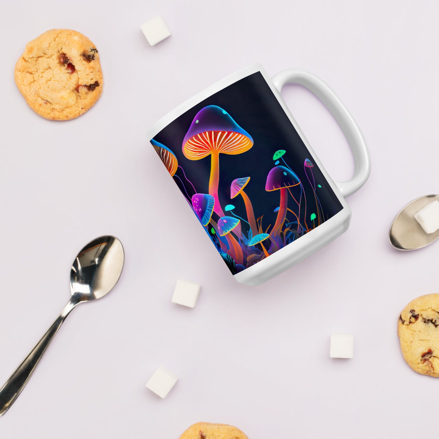 White shiny cup: Mushrooms