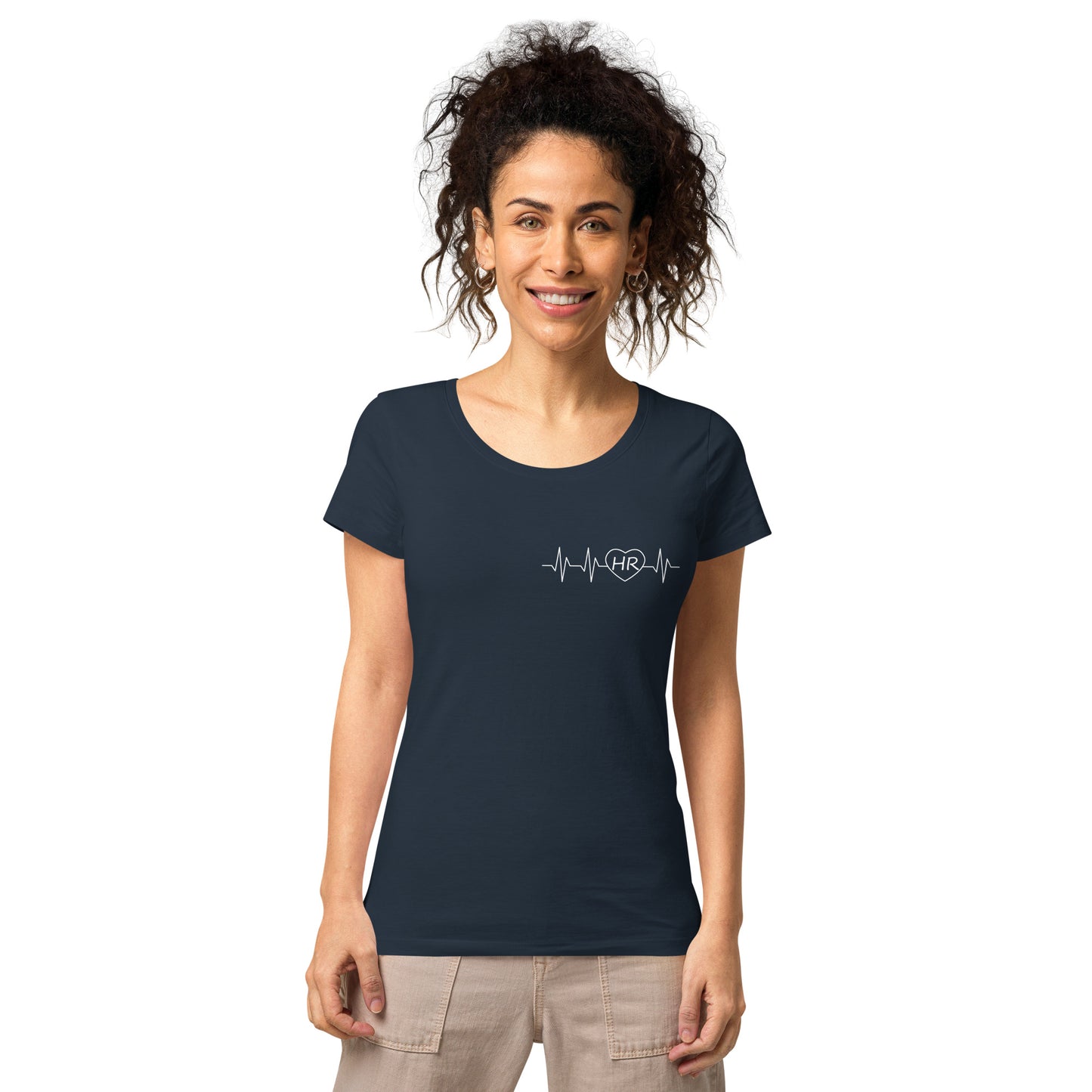 Women's fitted T-shirt: "I love human resources", with heartbeats
